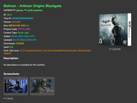 La ficha de hShop de Batman - Arkham Origins Blackgate con Coverly Shelf instalada: la caja del juego aparece junto a la tabla técnica, con el crédito “Art: GameTDB”, y bajo la descripción hay una sección de capturas con dos imágenes de Libretro.