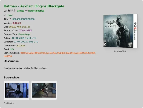La ficha de hShop de Batman - Arkham Origins Blackgate con Coverly Shelf instalada: la caja del juego aparece junto a la tabla técnica, con el crédito “Art: GameTDB”, y bajo la descripción hay una sección de capturas con dos imágenes de Libretro.